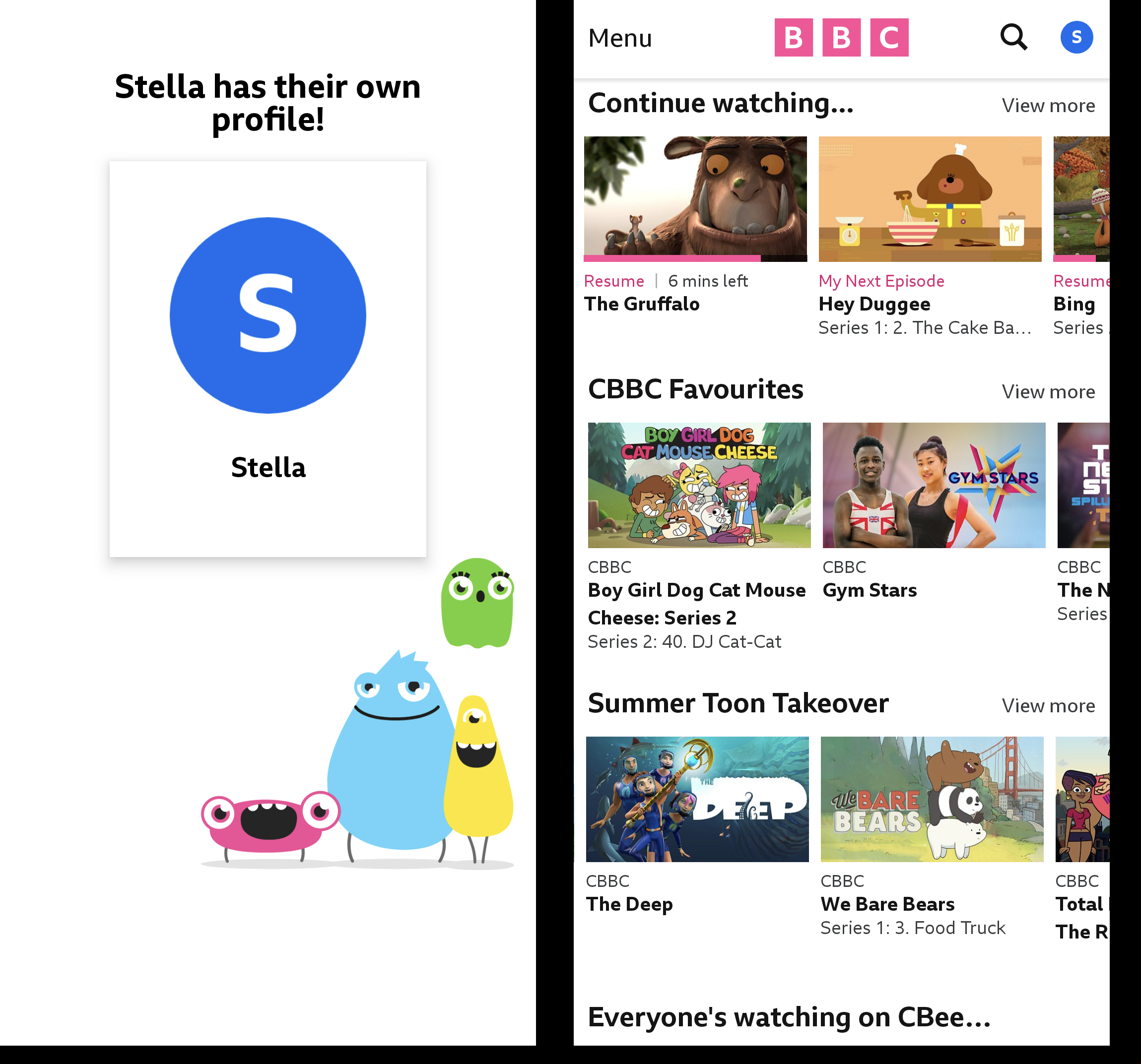 Two screenshots from the iPlayer mobile/tablet app. The first is confirming the creation of a new Child Profile, and the second shows the iPlayer app homepage when signed in as a child